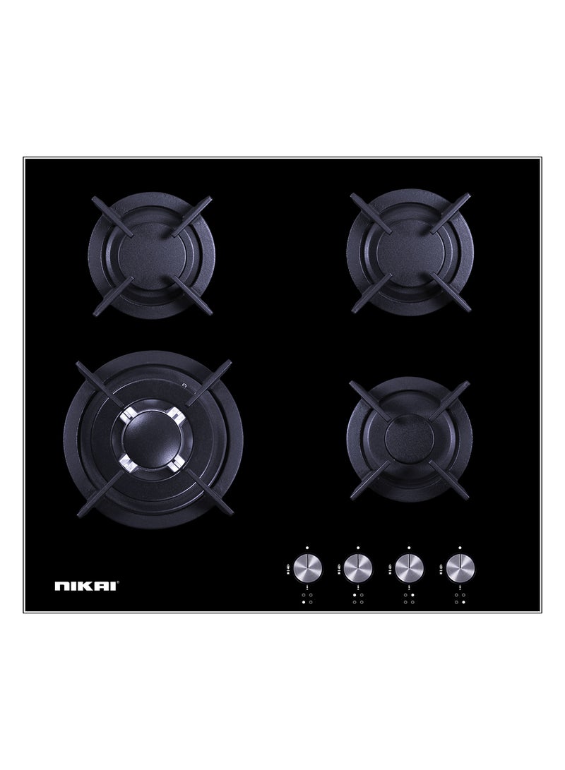 نيكاي 4 Burner Gas Hob - Stove, Front Control, European Burners, Triple Burner, Cast Iron Pan Stand, Tampered Glass Worktop Full Safety Features NGH3002G Black 