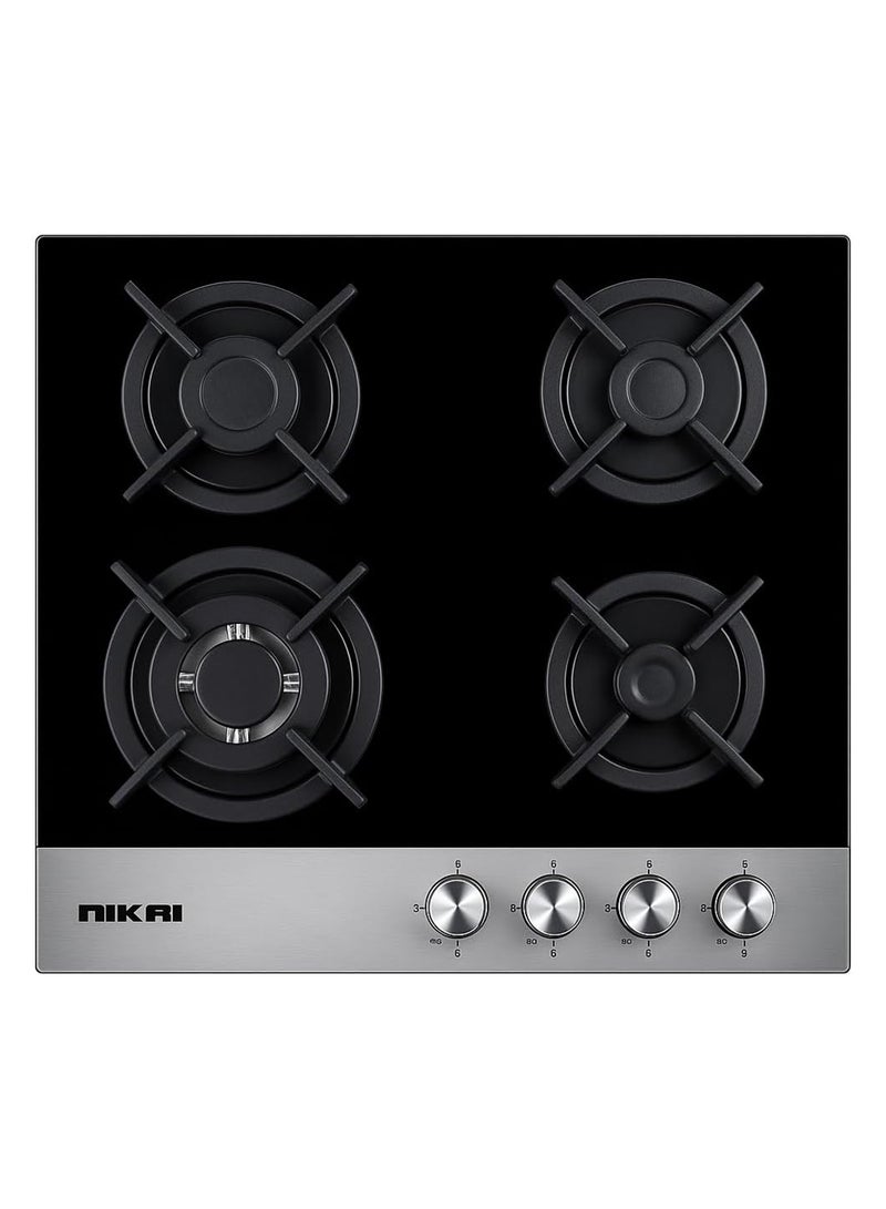 نيكاي موقد غاز 4 شعلات - موقد، تحكم أمامي، شعلات أوروبية، شعلة ثلاثية، قاعدة مقلاة من الحديد الزهر، سطح زجاجي مقسى مع ميزات أمان كاملة