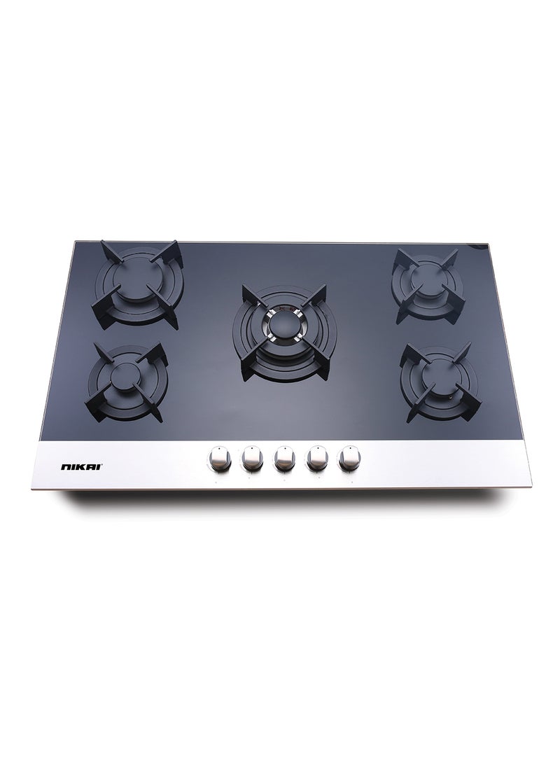 نيكاي 5 Burner Gas Hob - Stove, Tempered Glass, Front Control, European Burners, Triple Burner, Cast Iron Pan Stand, Full Safety Features NGH4002G Black 