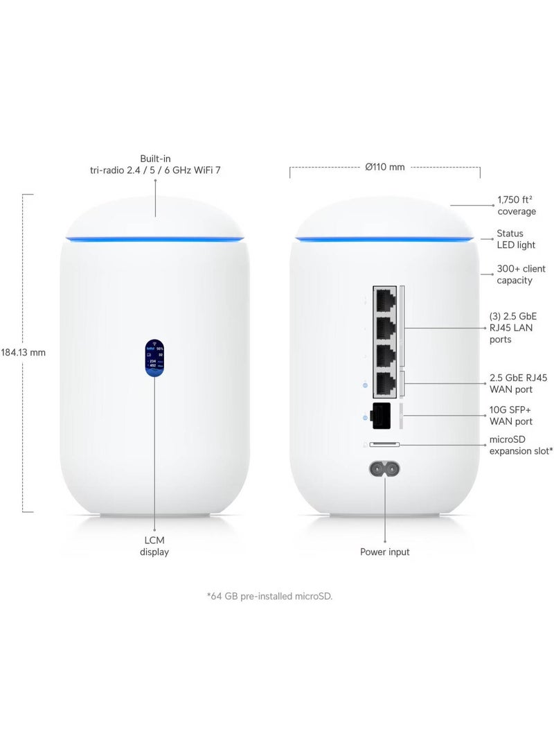 UBIQUITI Dream Router 7, Desktop 10G Cloud Gateway, Wi-Fi 7, Quad-core ARM Cortex-A53 at 1.5 GHz Processor, 1x 10G SFP+ & 1x 2.5 GbE RJ45 Ports, PoE Switch, White | UDR7 white - Image 4