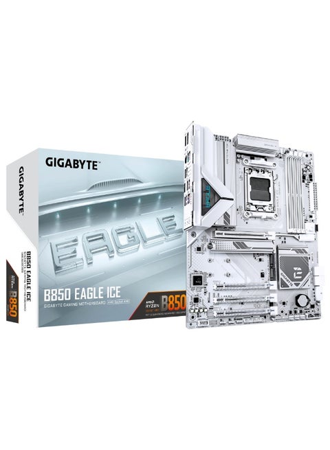 B850 EAGLE ICE ATX Motherboard – AM5, DDR5 8200MHz OC, PCIe 5.0, 3x M.2, Wi-Fi 6E, 2.5GbE, USB-C, HDMI 2.1, DisplayPort, ARGB, White