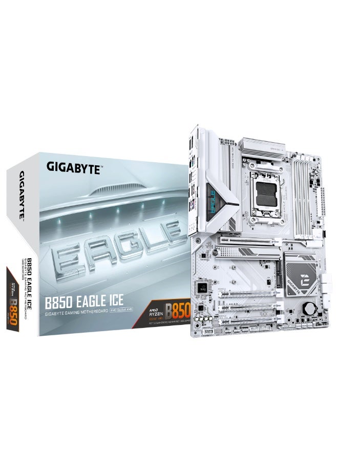 GIGABYTE B850 EAGLE ICE ATX Motherboard – AM5, DDR5 8200MHz OC, PCIe 5.0, 3x M.2, Wi-Fi 6E, 2.5GbE, USB-C, HDMI 2.1, DisplayPort, ARGB, White  - Image 1