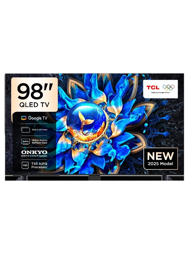 TCL 98 Inch Smart TV 4K QLED Colorful Quantum Crystal HDR 10+ Gaming Google TV, 144Hz Native Refresh Rate, ONKYO 2.1 Hi-Fi, Dolby Atmos, MEMC, Game Master, (2025 Model) 98T8C Brushed Titanium - Image 1