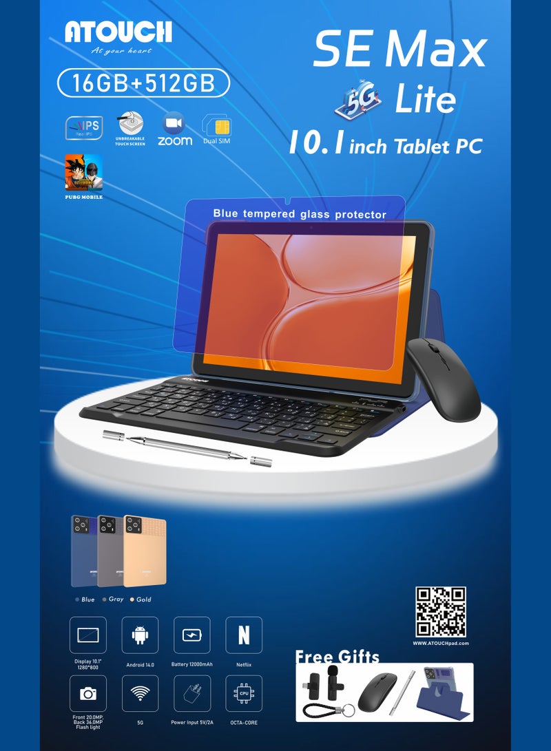 SE Max Lite 10.1 inch Tablet with Keyboard and Bluetooth Mini-Microphone 16GB RAM 512GB ROM Octa-Core Android 14 PUBG Game Tablet Dual SIM WiFi IPS Touchscreen Case Mouse GPS Blue