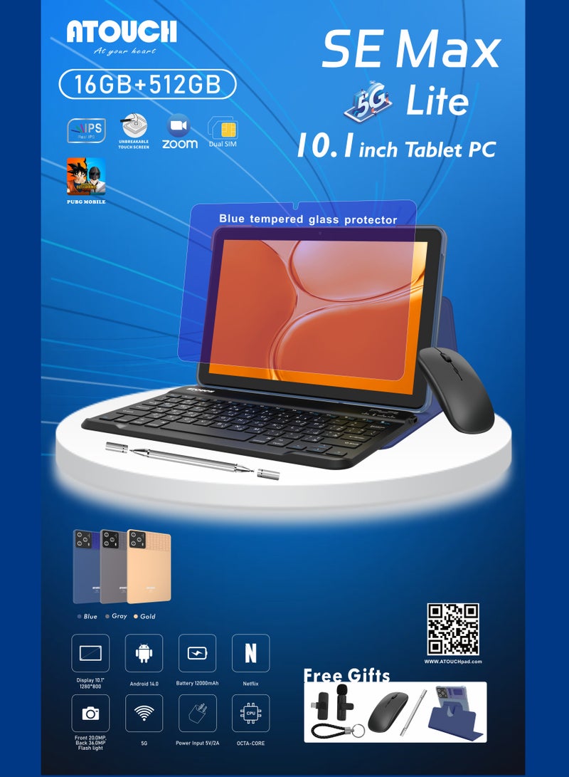 ATOUCH SE Max Lite 10.1 inch Tablet with Keyboard and Bluetooth Mini-Microphone 16GB RAM 512GB ROM Octa-Core Android 14 PUBG Game Tablet Dual SIM WiFi IPS Touchscreen Case Mouse GPS Grey  - Image 5