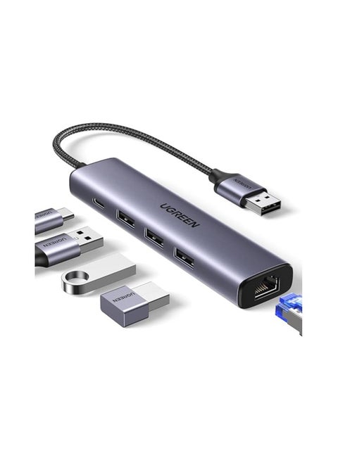 5-in-1 USB 3.0 Ethernet Hub 1000Mbps USB Ethernet Adapter With 3 Ports RJ45 Adapter Gigabit LAN Network Aluminum - Silver