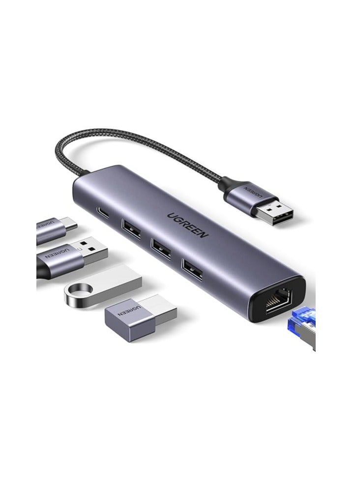 5-in-1 USB 3.0 Ethernet Hub 1000Mbps USB Ethernet Adapter With 3 Ports RJ45 Adapter Gigabit LAN Network Aluminum - Silver