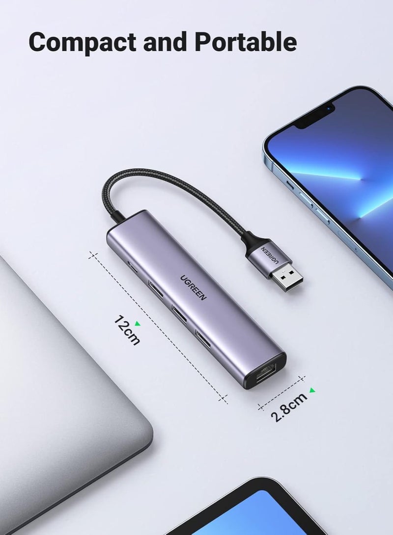 5-in-1 USB 3.0 Ethernet Hub 1000Mbps USB Ethernet Adapter With 3 Ports RJ45 Adapter Gigabit LAN Network Aluminum - Silver