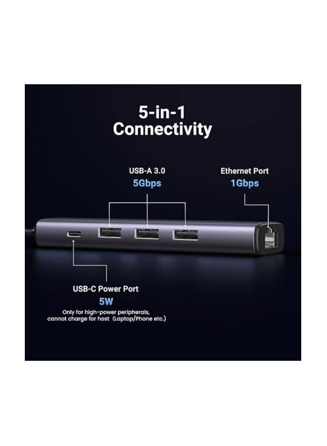 5-in-1 USB 3.0 Ethernet Hub 1000Mbps USB Ethernet Adapter With 3 Ports RJ45 Adapter Gigabit LAN Network Aluminum - Silver