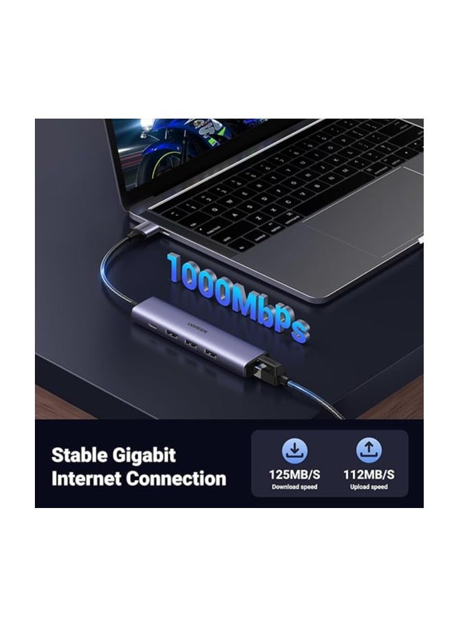 5-in-1 USB 3.0 Ethernet Hub 1000Mbps USB Ethernet Adapter With 3 Ports RJ45 Adapter Gigabit LAN Network Aluminum - Silver