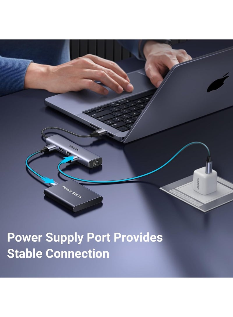 5-in-1 USB 3.0 Ethernet Hub 1000Mbps USB Ethernet Adapter With 3 Ports RJ45 Adapter Gigabit LAN Network Aluminum - Silver