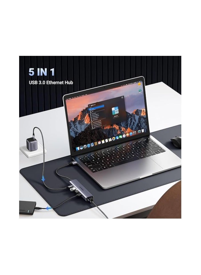 5-in-1 USB 3.0 Ethernet Hub 1000Mbps USB Ethernet Adapter With 3 Ports RJ45 Adapter Gigabit LAN Network Aluminum - Silver