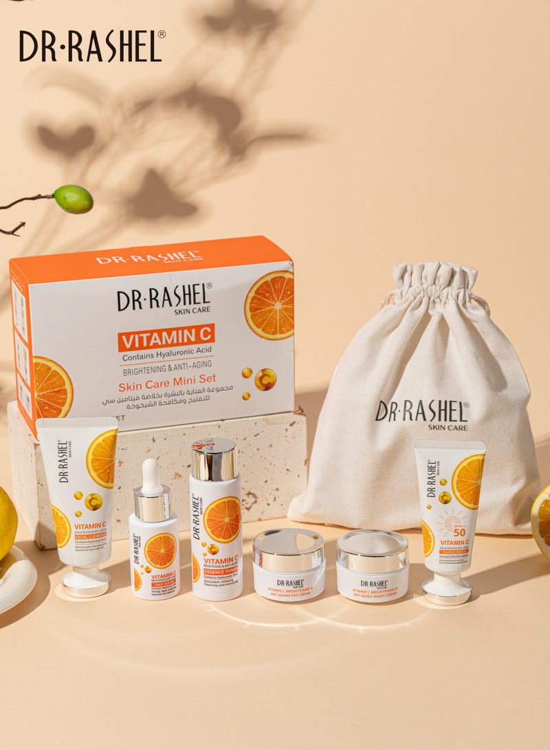 DR. RASHEL Vitamin C Skin Care Mini Set 6 Piece Travel Kit Gift Set with Pouch Cleanser Toner Serum Day Cream Night Cream Sunscreen  - Image 1