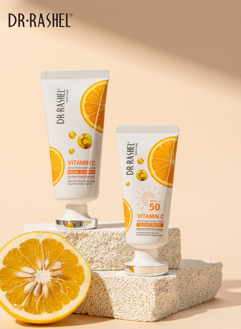 DR. RASHEL Vitamin C Skin Care Mini Set 6 Piece Travel Kit Gift Set with Pouch Cleanser Toner Serum Day Cream Night Cream Sunscreen  - Image 5