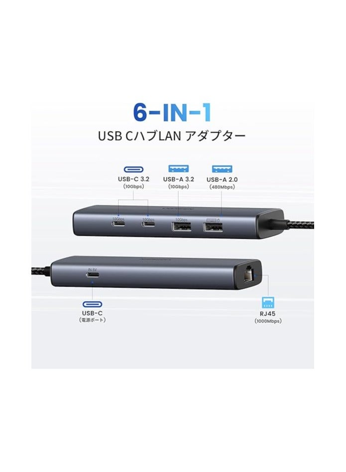 يو جرين 6-in-1 USB C Wired LAN Adapter, LAN Hub with LAN Port, USB A to RJ45 Gigabit Ethernet, 10Gbps, Ultra Fast Transfer, USB-C 3.2*2+USB A*2, USB-C Port Expansion, PD Fast Charging, Supports - Gray  - Image 2