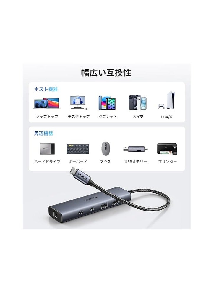 6-in-1 USB C Wired LAN Adapter, LAN Hub with LAN Port, USB A to RJ45 Gigabit Ethernet, 10Gbps, Ultra Fast Transfer, USB-C 3.2*2+USB A*2, USB-C Port Expansion, PD Fast Charging, Supports - Gray