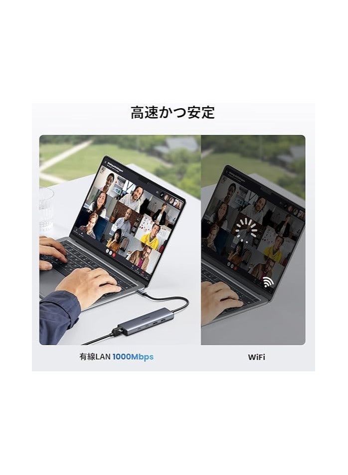 يو جرين 6-in-1 USB C Wired LAN Adapter, LAN Hub with LAN Port, USB A to RJ45 Gigabit Ethernet, 10Gbps, Ultra Fast Transfer, USB-C 3.2*2+USB A*2, USB-C Port Expansion, PD Fast Charging, Supports - Gray  - Image 4