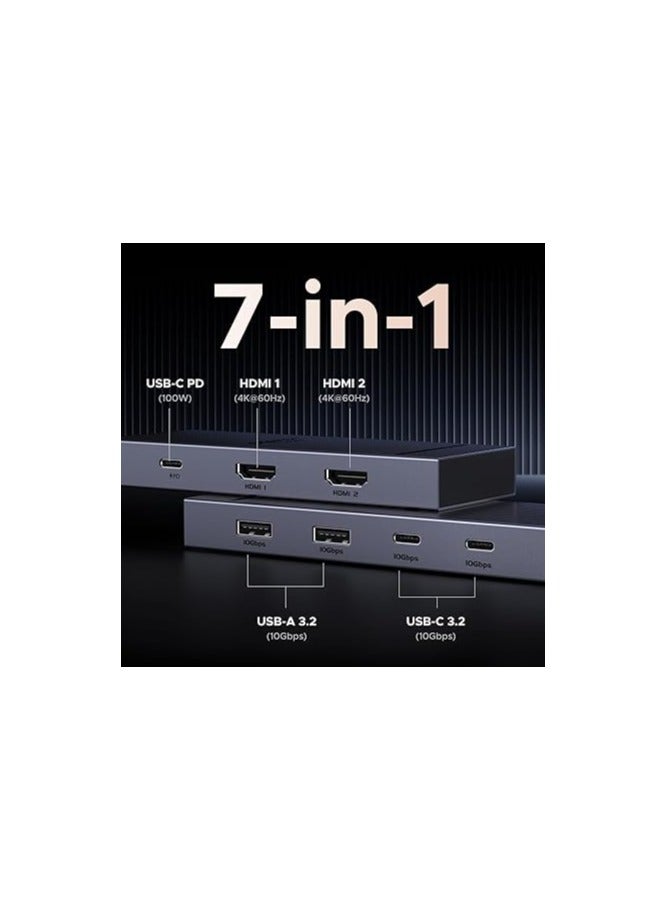 يو جرين Revodok Pro 7 in 1 Docking Station Dual Monitor, USB C Hub Dual 4K@60Hz HDMI Display, 10Gbps USB-A/C Data Ports, 100W PD, Aluminum Laptop Docking Station for HP, Thinkpad, Dell And More - Silver - Image 2