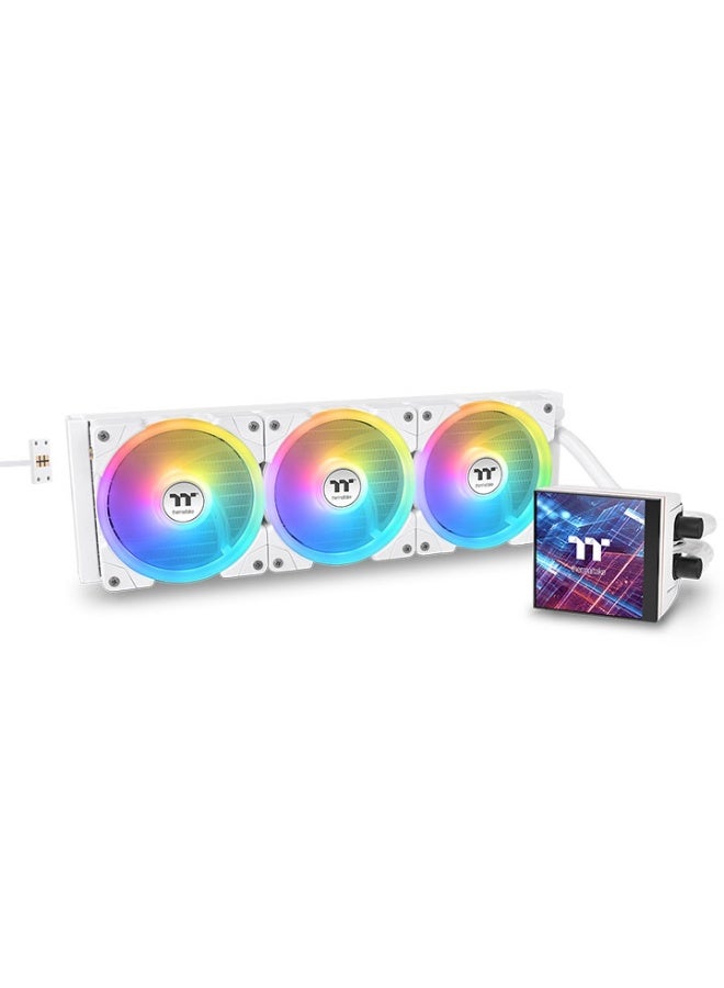 Thermaltake MAGFloe 360 Ultra ARGB Sync AIO Liquid Cooler, 360mm Radiator, 3.95" 480x480 LCD Display, SWAFAN EX MagForce 2.0 Magnetic Fans, Copper Base Plate, 27mm Radiator Thickness, Intel LGA1851 & AMD AM5 Compatible, ARGB Lighting, Snow (White) Edition | CL-W433-PL12SW-A  - Image 1