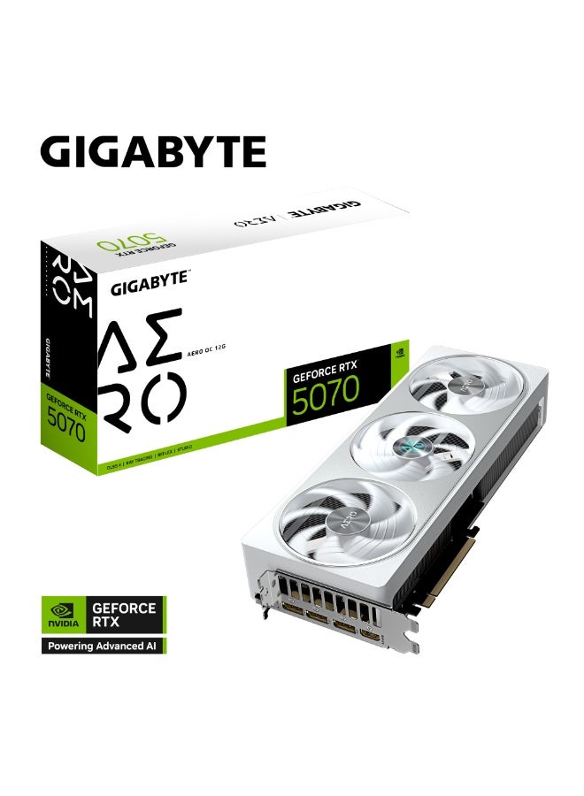 GeForce RTX 5070 AERO OC 12G Graphics Card, 12GB GDDR7 192-bit, PCIe 5.0, Triple Fan WINDFORCE Cooling, DLSS 4, Ray Tracing, RGB, White, 3x DP 2.1 + HDMI 2.1, 2625MHz Boost, Dual BIOS | GV-N5070AERO OC-12GD