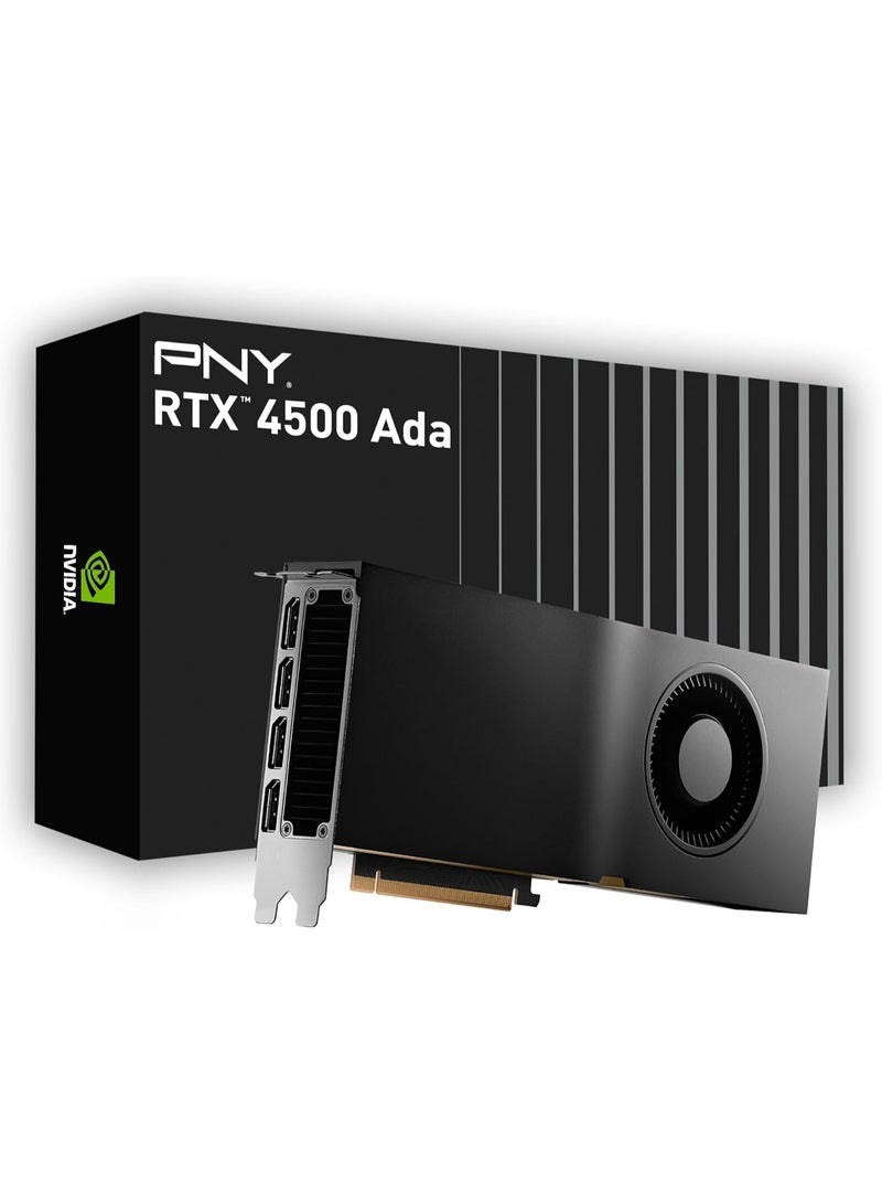 PNY NVIDIA RTX 4500 Ada Generation 24GB GDDR6 ECC Workstation Graphics Card, PCIe 4.0 x16, 7680 CUDA Cores, 240 Tensor Cores, 60 RT Cores, 4x DisplayPort 1.4a, AV1 Encode/Decode, DLSS 3.0, OptiX Ray Tracing, 432 GB/s Bandwidth, Blower Cooler, 210W TDP, VR/AI/3D Rendering/Video Editing Ready | VCNRTX4500ADA-SB  - Image 1