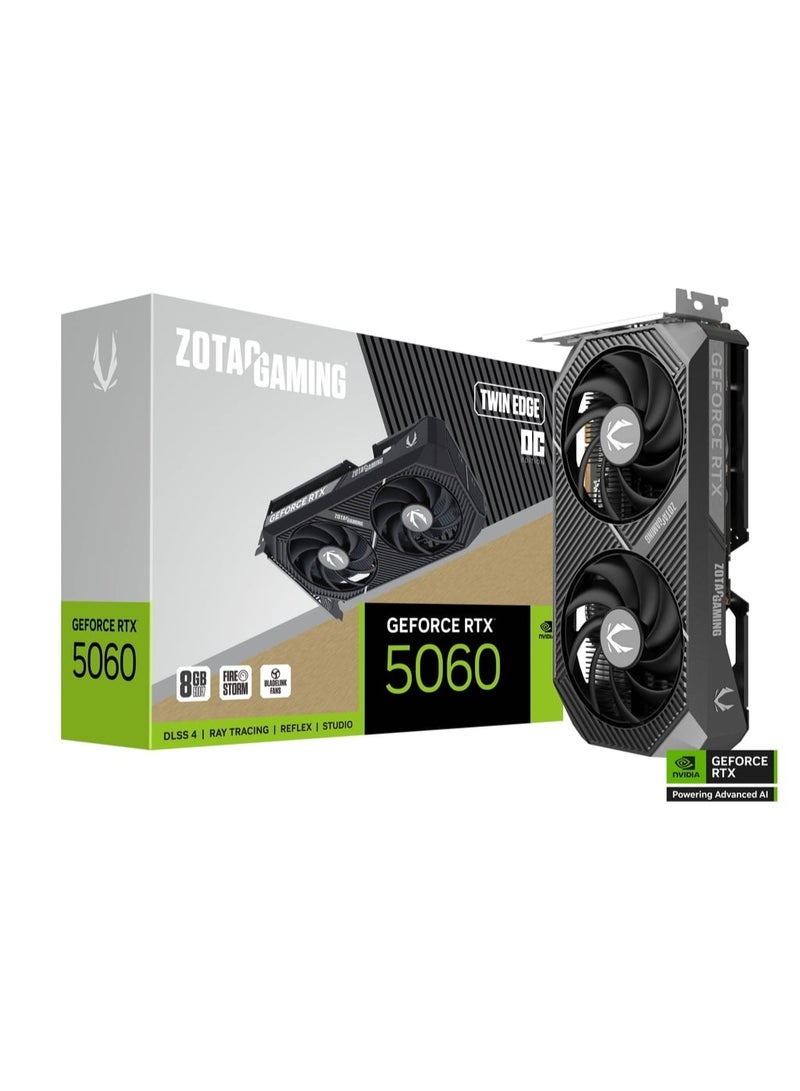 ZOTAC GAMING GeForce RTX 5060 Twin Edge OC 8GB GDDR7 Graphics Card, 3840 CUDA Cores, 128-Bit, Boost Clock 2600MHz, IceStorm 2.0 Dual Fan Cooling, PCIe 5.0, HDMI 2.1b & 3x DisplayPort 2.1, Ray Tracing, DLSS 4, Metal Backplate, Compact 2-Slot Design | ZT-B50600H-10M  - Image 1