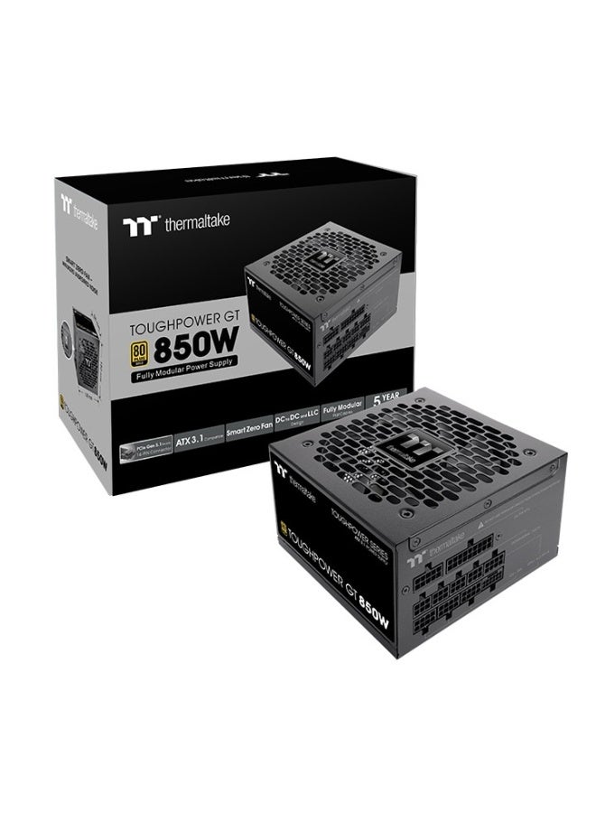 ثيرمال تيك مزود الطاقة Toughpower GT 850W 80+ Gold كامل الوحدات، ATX 3.1، جاهز PCIe 5.1، كابل 12V-2x6 الأصلي، مروحة هيدروليكية 120 مم، مروحة ذكية صفرية، مكثفات يابانية 100%، سكة واحدة +12V (70.8A)، أسود | PS-TPT-0850FNFAGK-3 - Image 1