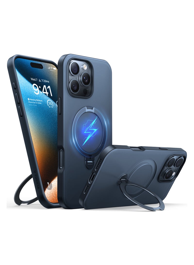 TORRAS Upgraded 360° Spin Magnetic Stand For iPhone 16 Pro Max Case, Built-in Kickstand, Ring Rotatable Holder, Compatible With MagSafe, Mil-Grade Shockproof, Translucent Back 6.9-Inch - Black - Image 1