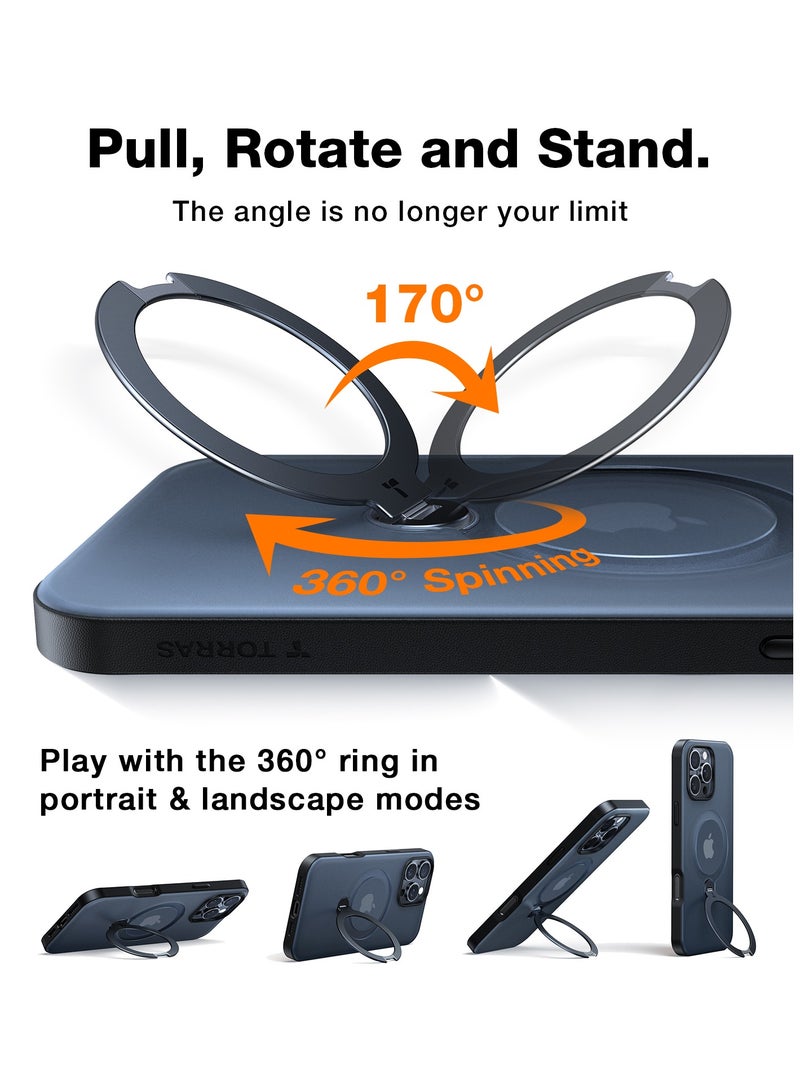 TORRAS Upgraded 360° Spin Magnetic Stand For iPhone 16 Pro Max Case, Built-in Kickstand, Ring Rotatable Holder, Compatible With MagSafe, Mil-Grade Shockproof, Translucent Back 6.9-Inch - Black - Image 4