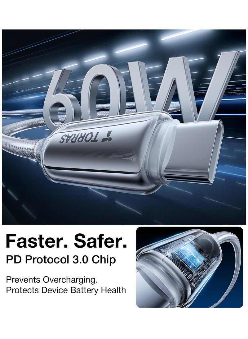TORRAS USB-C To USB-C Cable 60W (2m), Mil-Grade Tested USB-C Charger Cable Fast Charge for iPhone 16/Plus/Pro/Pro Max, iPhone15/Plus/Pro/Pro Max, Samsung S25/S24/23, MacBook Air Pro 2020, iPad Pro/Air/Mini (Pearl White) White - Image 2