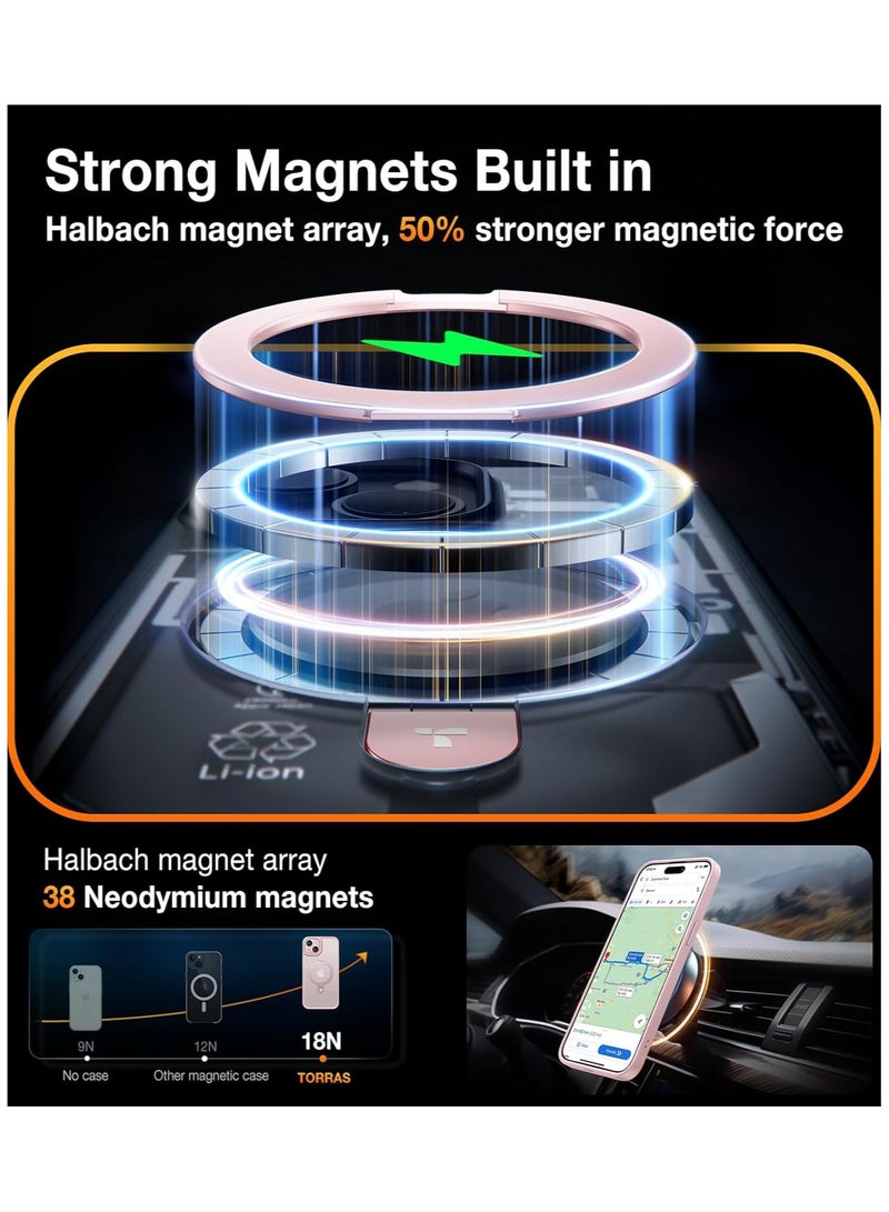 TORRAS Ultra Magnetic Ostand for iPhone 15 Case Fit for MagSafe [Sturdy Stand & Ring Holder [Mil-Grade Shockproof Matte Anti-Scratch Slim Protective Kickstand Phone Case for iPhone 15 6.1 inch, Pink Pink - Image 3