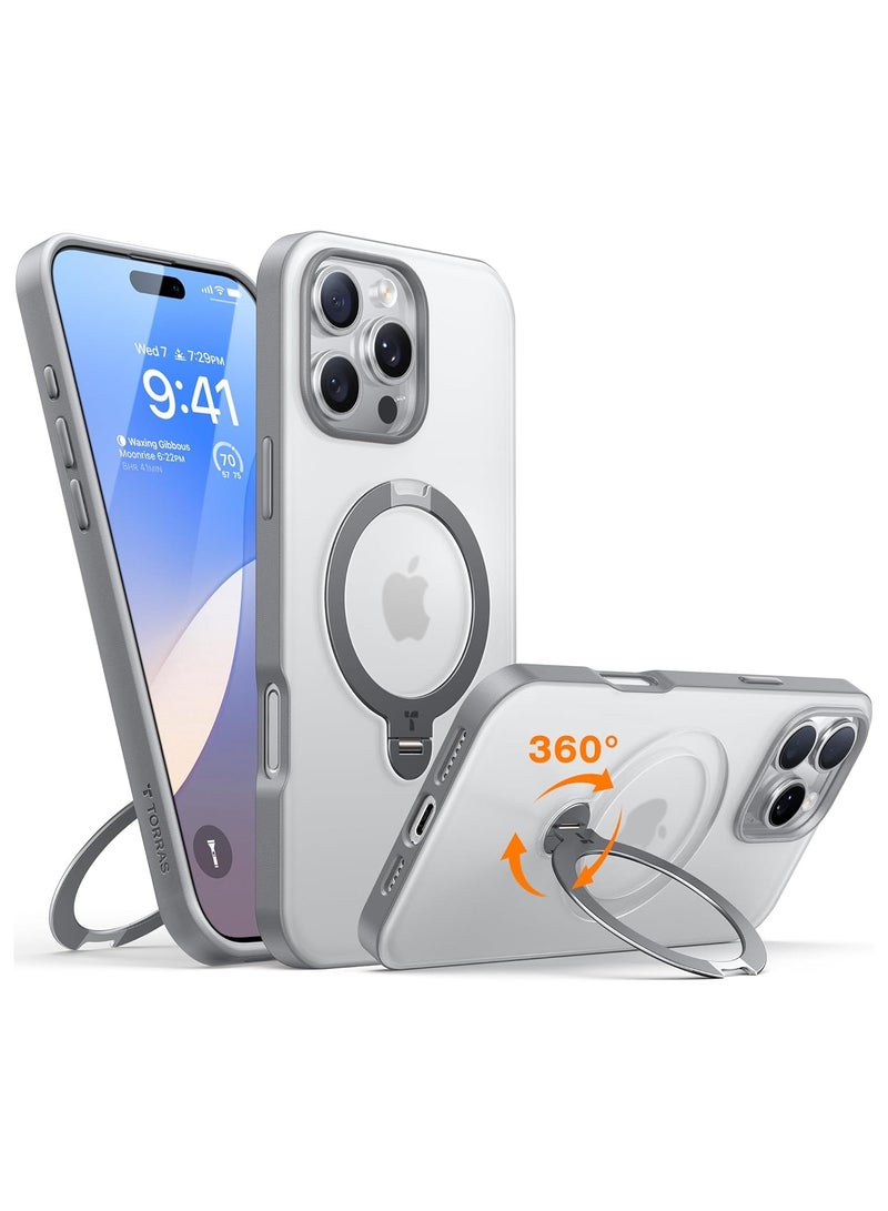 Upgraded 360° Spin Magnetic Stand for iPhone 16 Pro Max Case, [Built-in Kickstand, Ring Rotatable Holder][Compatible with MagSafe][Mil-Grade Shockproof] Translucent Back 6.9 inch, Grey Titanium Grey - Image 3