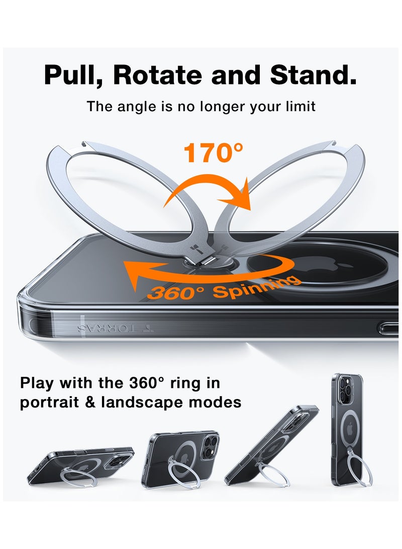 TORRAS 360°Spin Magnetic Stand for iPhone 16 Pro Case, Fit for MagSafe, Built-in Kickstand & Ring Holder, [Mil-Grade Protective Soft Edge Translucent Slim Case for iPhone 16 Pro, Clear Clear - Image 3
