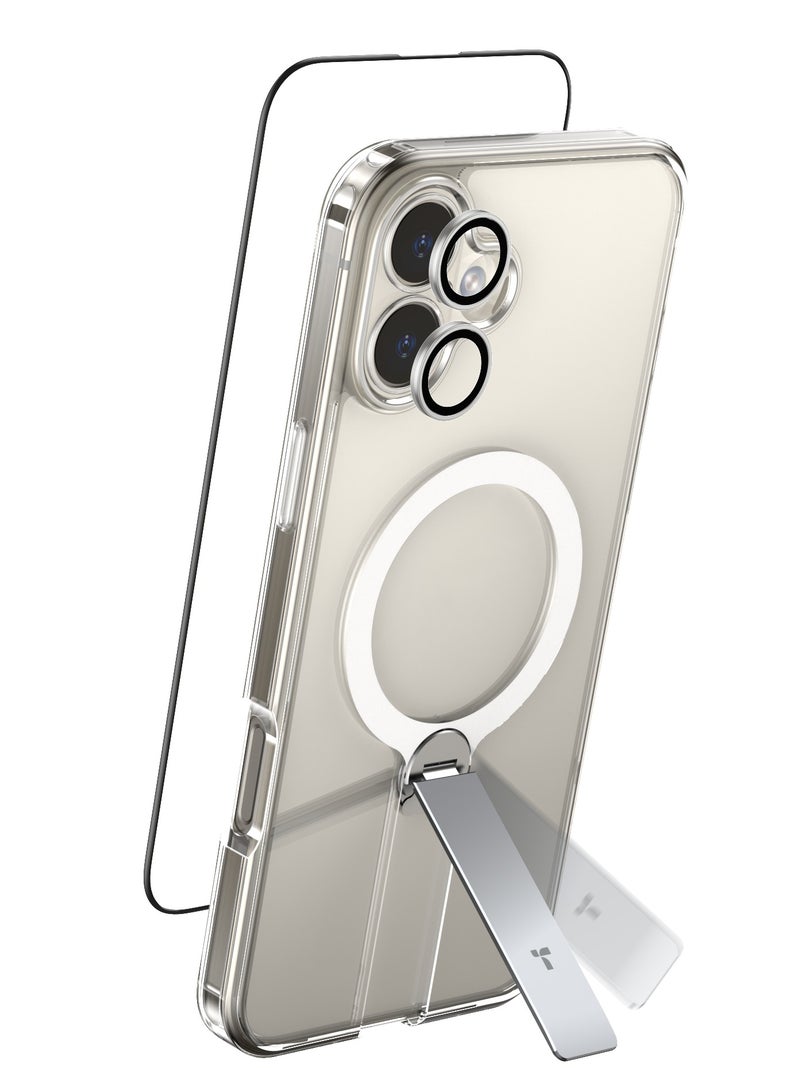 آيفون 16 بلس حزمة 3 في 1 Pstand Spin Series (X00FX1477)(حافظة حامل مغناطيسية + واقي عدسة الكاميرا + واقي شاشة كامل) لجهاز آيفون 16 بلس بحجم 6.7 بوصة واضح - Image 3