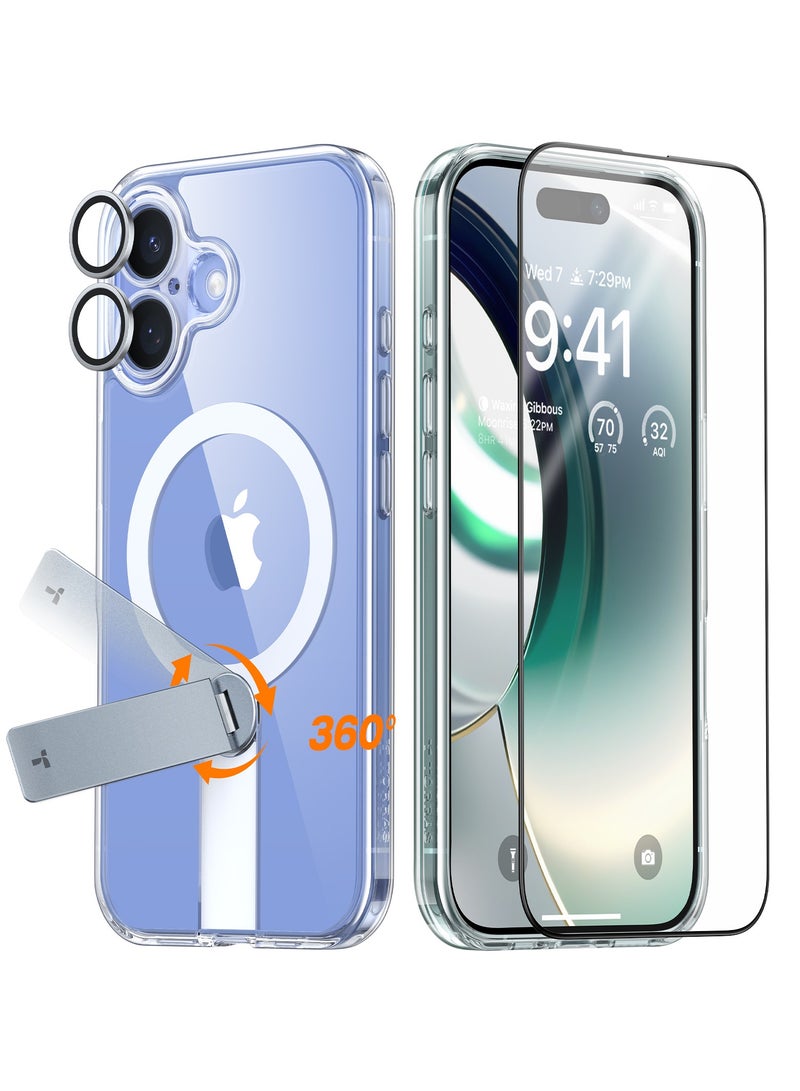 TORRAS iPhone 16  3-in-1 Bundle Pstand Spin Series (X00FX1476) (Magnetic Stand Case + Camera Lens Guard + Full Screen Protector) For 6.1'' iPhone 16 Clear Clear - Image 1