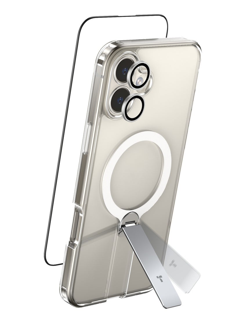 TORRAS iPhone 16  3-in-1 Bundle Pstand Spin Series (X00FX1476) (Magnetic Stand Case + Camera Lens Guard + Full Screen Protector) For 6.1'' iPhone 16 Clear Clear - Image 2