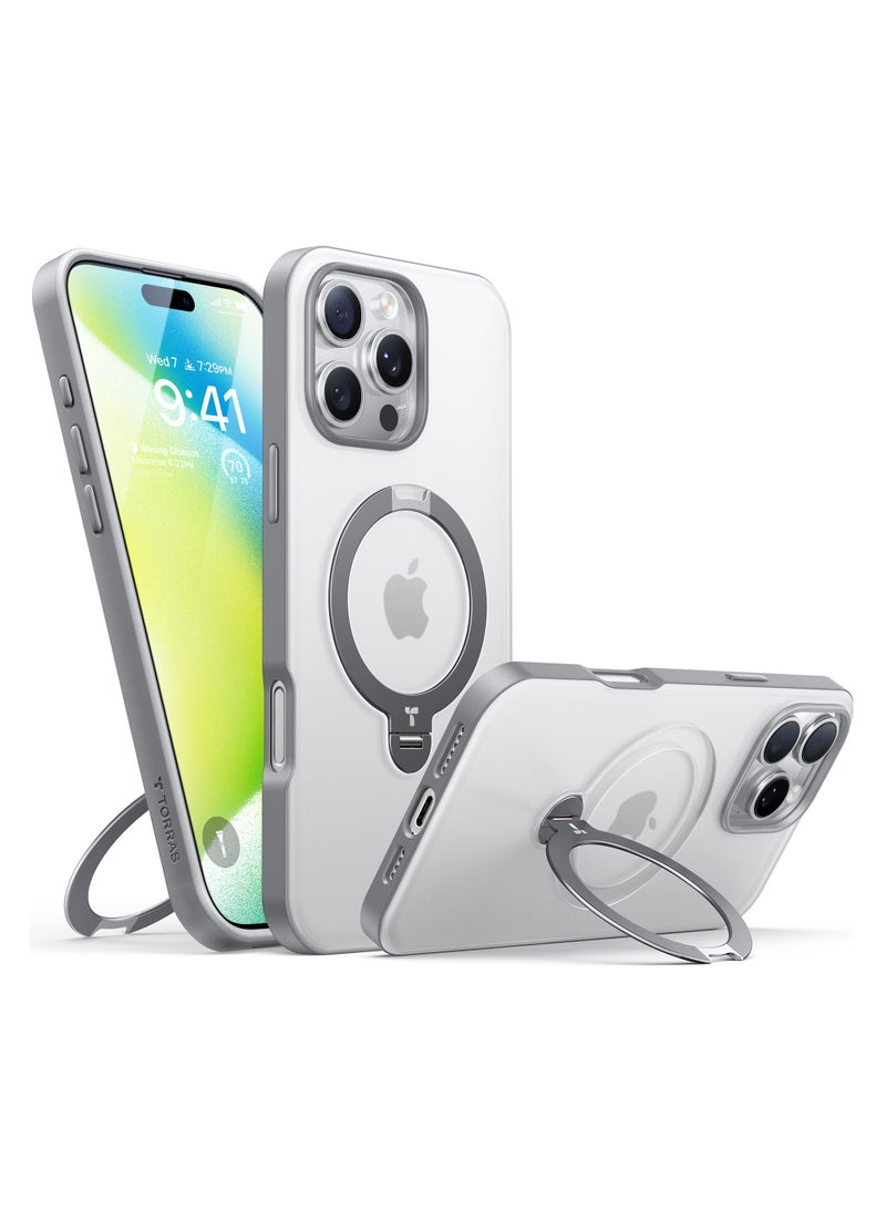 TORRAS Upgraded 360°Spin Magnetic Stand for iPhone 16 Pro Case, Fit for MagSafe, Built-in Kickstand & Ring Holder, Mil-Grade Protective Soft Edge Translucent Slim Case for iPhone 16 Pro, Grey Titanium Grey - Image 1