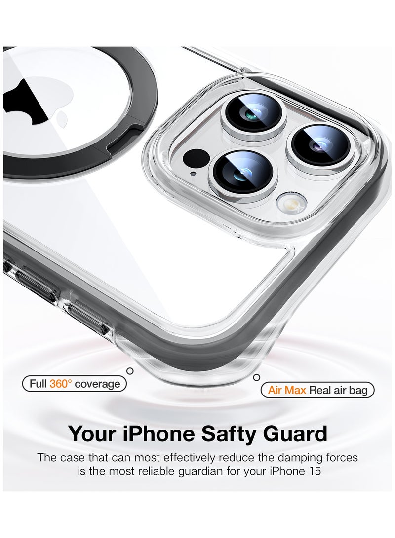 حماية فائقة بزاوية 360° مع وسادة هوائية، غلاف مغناطيسي Ostand SS مصمم لجهاز iPhone 15 Pro، متوافق مع MagSafe، حامل أفقي/عمودي، خلفية صلبة رقيقة بحواف ناعمة بتقنية مضادة للاصفرار، أسود - Image 2