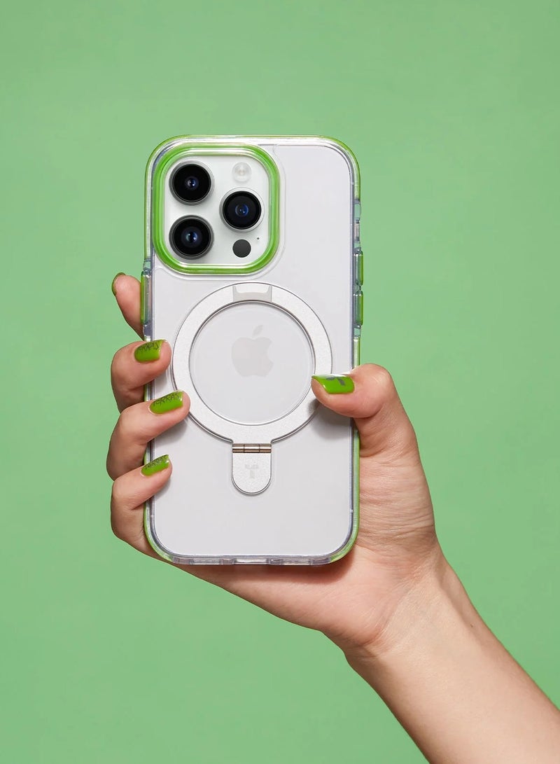 TORRAS Magnetic Ostand Hue Designed for iPhone 15 Pro Case, [Mil-Grade Drop Tested][Compatible with MagSafe][Built in Kickstand] Clear Slim Hard Back Soft Edge Anti-Fingerprint, Green Green - Image 3