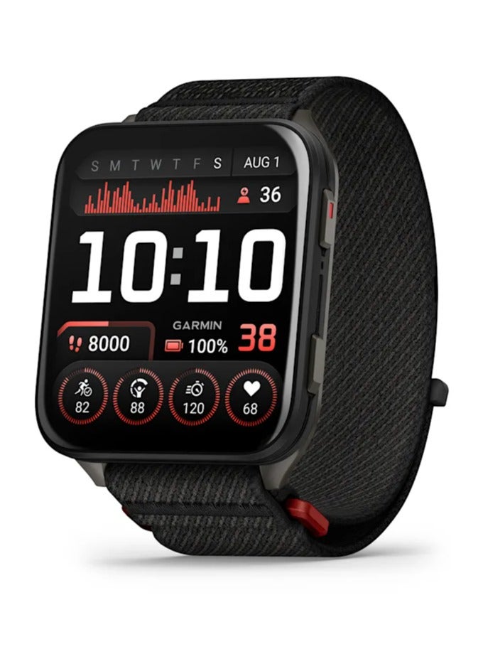 GARMIN Venu X1 - 41MM - Black with Slate Titanium Caseback and Black ComfortFit Nylon Band - Up to 8 Days of Battery life - 2.0" Amoled Display, sapphire crystal, Heart Rate Monitor, All day stress monitor, Tap to Pay, Super bright LED flashlight, iOS and Android compatible black