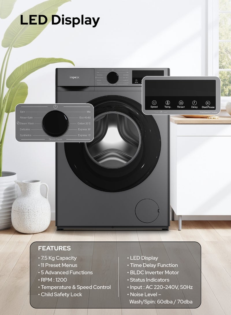 7.5 Kg Front Load Washing Machine, BLDC Inverter Motor, 1200 RPM, 11 Wash Programs, Child Lock, LED Display, Temp & Speed Control, Time Delay,2 Year Warranty 7.5 kg WM0750FS Grey