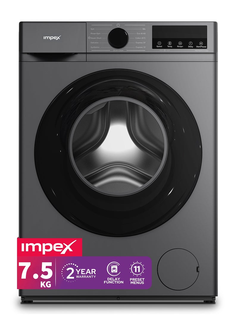Impex 7.5 Kg Front Load Automatic Washing Machine - BLDC Inverter Motor, 1200 RPM, 11 Wash Programs, Child Lock, LED Display, Cleaning Cloths, Dresses, Temp & Speed Control, Time Delay,2 Year Warranty 7.5 kg WM0750FS Grey - Image 1