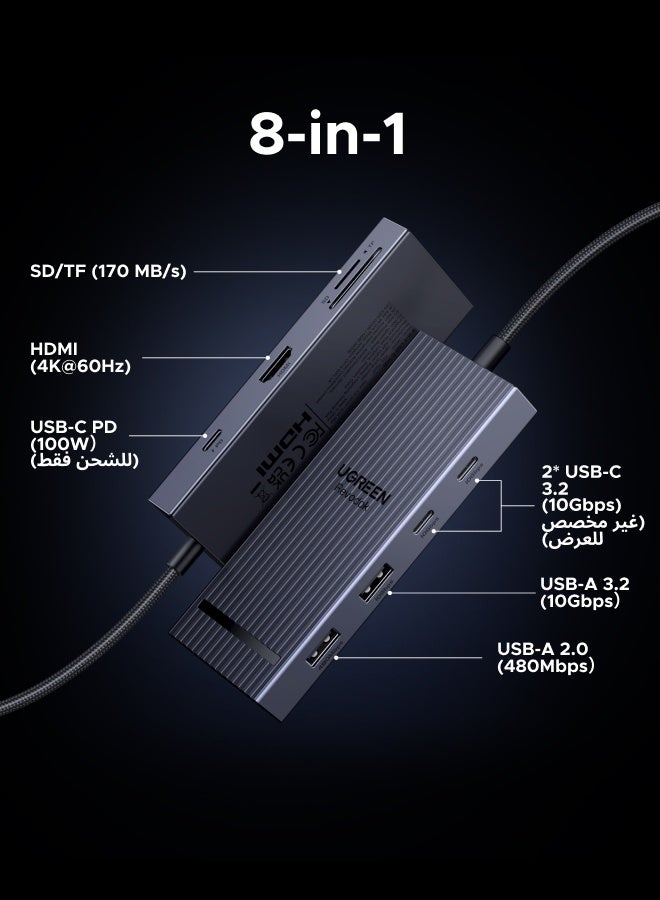 يو جرين يوجرين 8 في 1 موزع USB C النوع C محول 4K@60Hz محطة إرساء 100 واط شحن 10Gbps في الثانية نقل البيانات قارئ SD/micro SD متوافق مع ماك بوك iPad iPhone 16 وحدة تحكم الألعاب  - Image 2