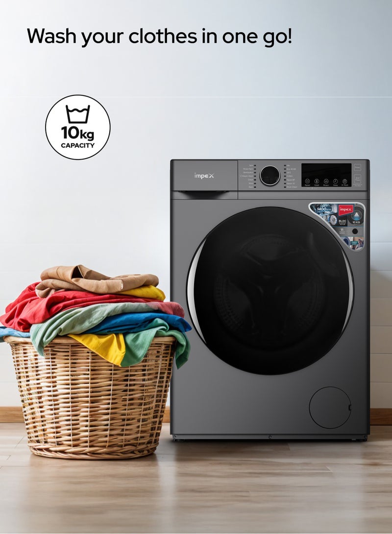10 Kg Front Load Washing Machine | BLDC Inverter Motor | 1400 RPM | AI Wash | 11 Preset Menus | LED Display | Child Lock | Temperature & Speed Control | Status Indicator | 64L Drum Volume | Waterproof Glass - 64 L 150 W WM1000FS Grey