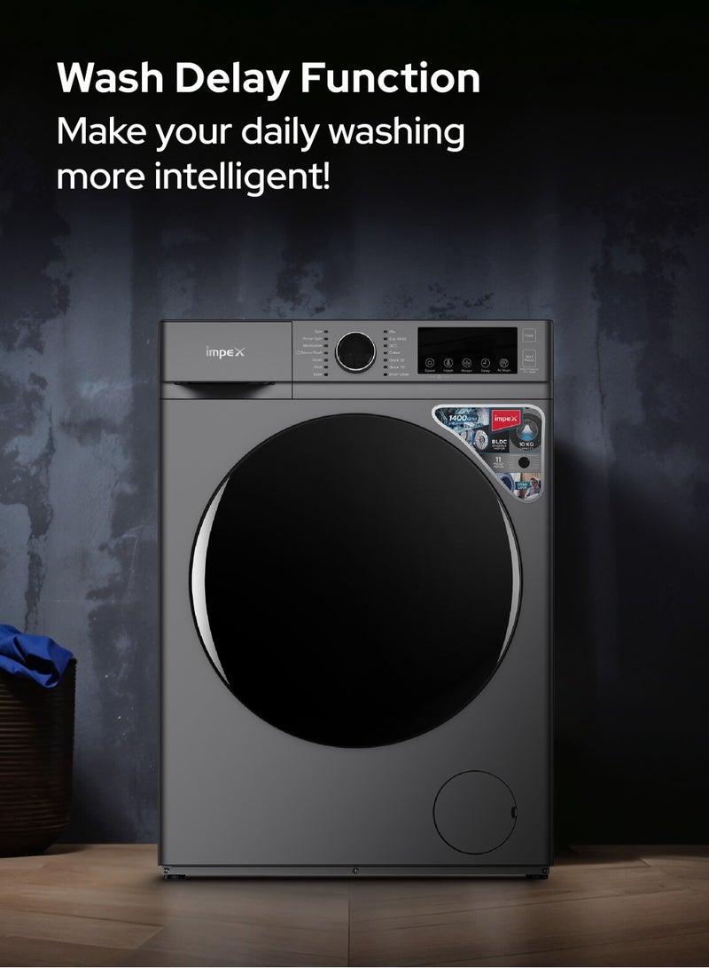 10 Kg Front Load Washing Machine | BLDC Inverter Motor | 1400 RPM | AI Wash | 11 Preset Menus | LED Display | Child Lock | Temperature & Speed Control | Status Indicator | 64L Drum Volume | Waterproof Glass - 64 L 150 W WM1000FS Grey
