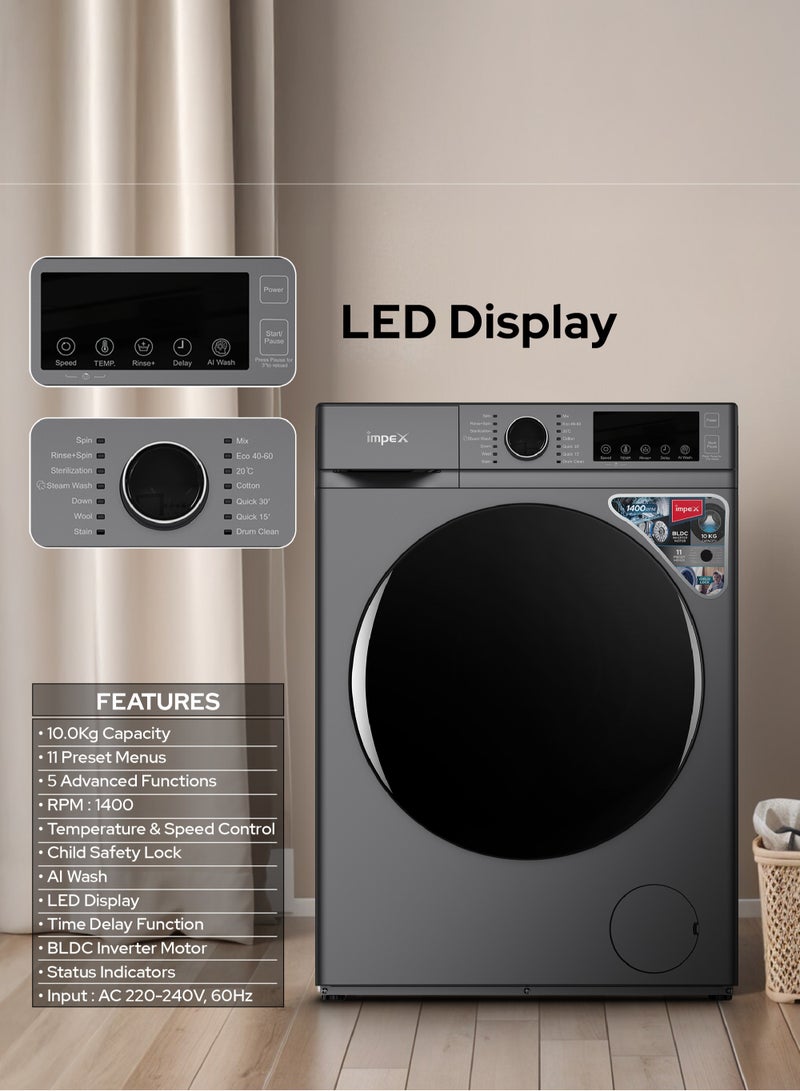 10 Kg Front Load Washing Machine | BLDC Inverter Motor | 1400 RPM | AI Wash | 11 Preset Menus | LED Display | Child Lock | Temperature & Speed Control | Status Indicator | 64L Drum Volume | Waterproof Glass - 64 L 150 W WM1000FS Grey