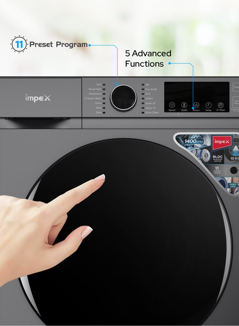 10 Kg Front Load Washing Machine | BLDC Inverter Motor | 1400 RPM | AI Wash | 11 Preset Menus | LED Display | Child Lock | Temperature & Speed Control | Status Indicator | 64L Drum Volume | Waterproof Glass - 64 L 150 W WM1000FS Grey
