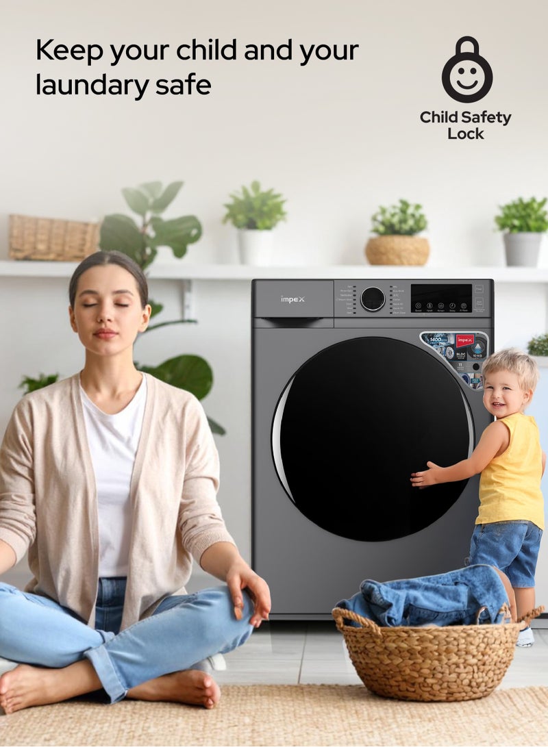 10 Kg Front Load Washing Machine | BLDC Inverter Motor | 1400 RPM | AI Wash | 11 Preset Menus | LED Display | Child Lock | Temperature & Speed Control | Status Indicator | 64L Drum Volume | Waterproof Glass - 64 L 150 W WM1000FS Grey