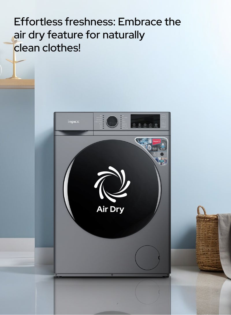 10 Kg Front Load Washing Machine | BLDC Inverter Motor | 1400 RPM | AI Wash | 11 Preset Menus | LED Display | Child Lock | Temperature & Speed Control | Status Indicator | 64L Drum Volume | Waterproof Glass - 64 L 150 W WM1000FS Grey