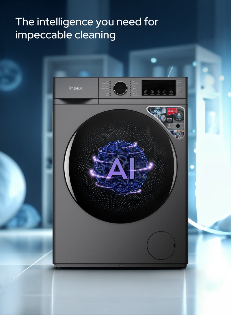 10 Kg Front Load Washing Machine | BLDC Inverter Motor | 1400 RPM | AI Wash | 11 Preset Menus | LED Display | Child Lock | Temperature & Speed Control | Status Indicator | 64L Drum Volume | Waterproof Glass - 64 L 150 W WM1000FS Grey